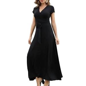 Aphratti Short Sleeve Maxi Dress for Women Casual Summer Faux Wrap Long Dresses,Solid Black,X-Large