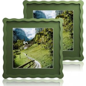 10x10 Wavy Picture Frame With Mat For 8x8, Wavy Edge Wooden Picture Frame with Real Glass - Wall Mount and Tabletop Display, Green, 2 Pack