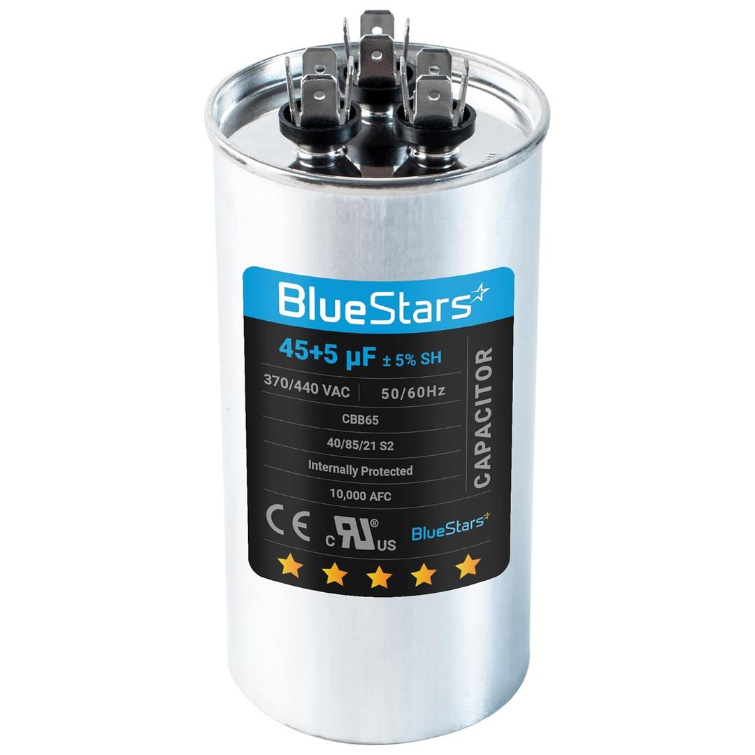 [UL Certified] BlueStars 45+5 uF 45/5 MFD 370V or 440V Round Dual Circular Run Capacitor CBB65 50/60 Hz - Compatible for AC Motor Run or Fan Start or Condenser Straight