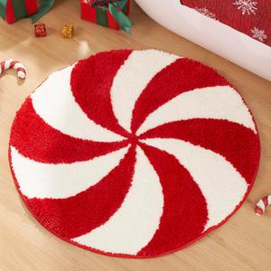 ELDONE Christmas Candy Swirl Bathroom Rugs, 3D Festive Red Round Rug, Cute Christmas Rug Non-Slip for Winter Holiday Decorations, Funny Circle Christmas Bath Mat for Bedroom Kitchen, 24" x 24"