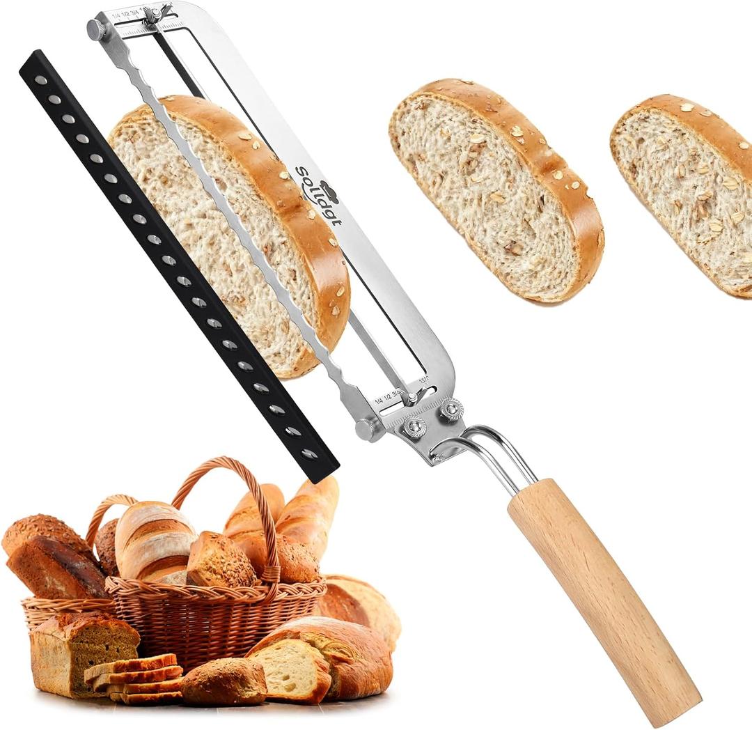 Adjustable Bread Slicer for Homemade Bread - Upgrade Manual Sourdough Bread Knife with Thickness Guide, Bread Bow Cutter with Serrated Stainless Blade for Baguettes, Gift for Baker, Ambidextrous Use