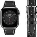 Genuine Leather Bands Compatible with Apple Watch Band Series 10 9 8 7 6 5 4 3 2 1 Ultra SE 49mm 46mm 45mm 41mm 44mm 40mm 42mm 38mm Women Men Top Calfskin for iWatch Wristband Replacement Strap (Black-Black Pin Buckle)