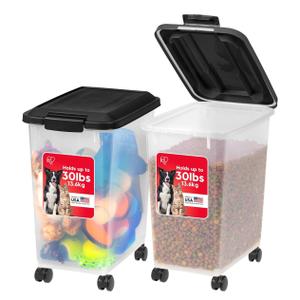 IRIS USA Dog Food Storage Container, 2 Pack, Up to 30 lbs Each, Airtight Seal for Freshness, Wheels for Rolling, Easy One Hand Opening, Made in USA, BPA Free, Clear/Black