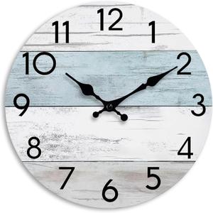 Wall Clock Silent Non-Ticking Wooden Clocks Battery Operated 16 Inch Small Country Retro Rustic and Beach Style Decorative for Living Room, Kitchen, Home, Bathroom, Bedroom (Blue)
