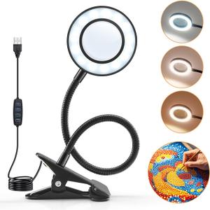 10X Lighted Magnifying Glass - 3 Colors & 10 Brightness Clip On Desk Lamp with Clamp Light - 1000 Lumen Hands Free Magnifier (Black)