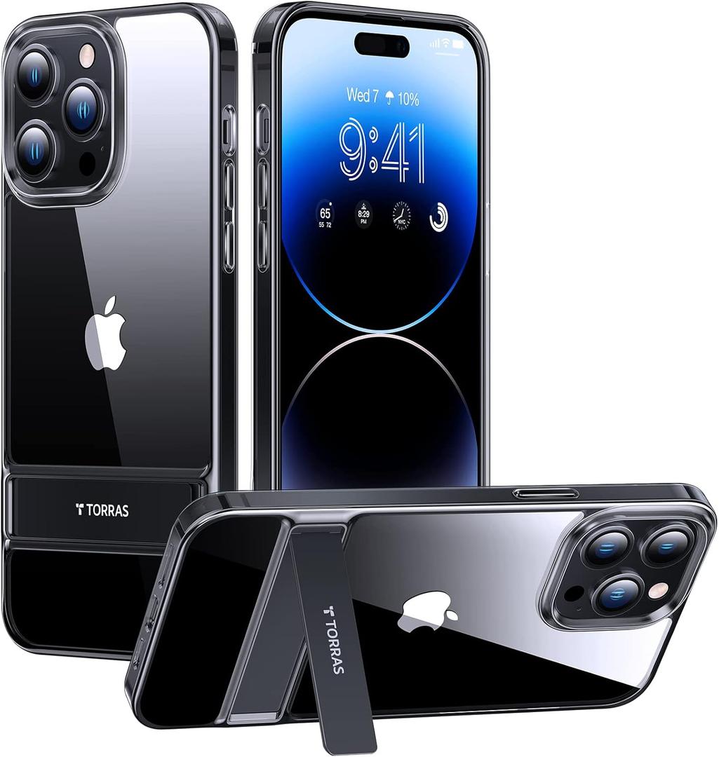 TORRAS MoonClimber Designed for iPhone 14 Pro Case Clear with Stand, Metal Kickstand, Non-Yellowing, 10FT Military Drop Protective Shockproof Slim Hard Case for 14 Pro Phone Case with Kickstand, Black