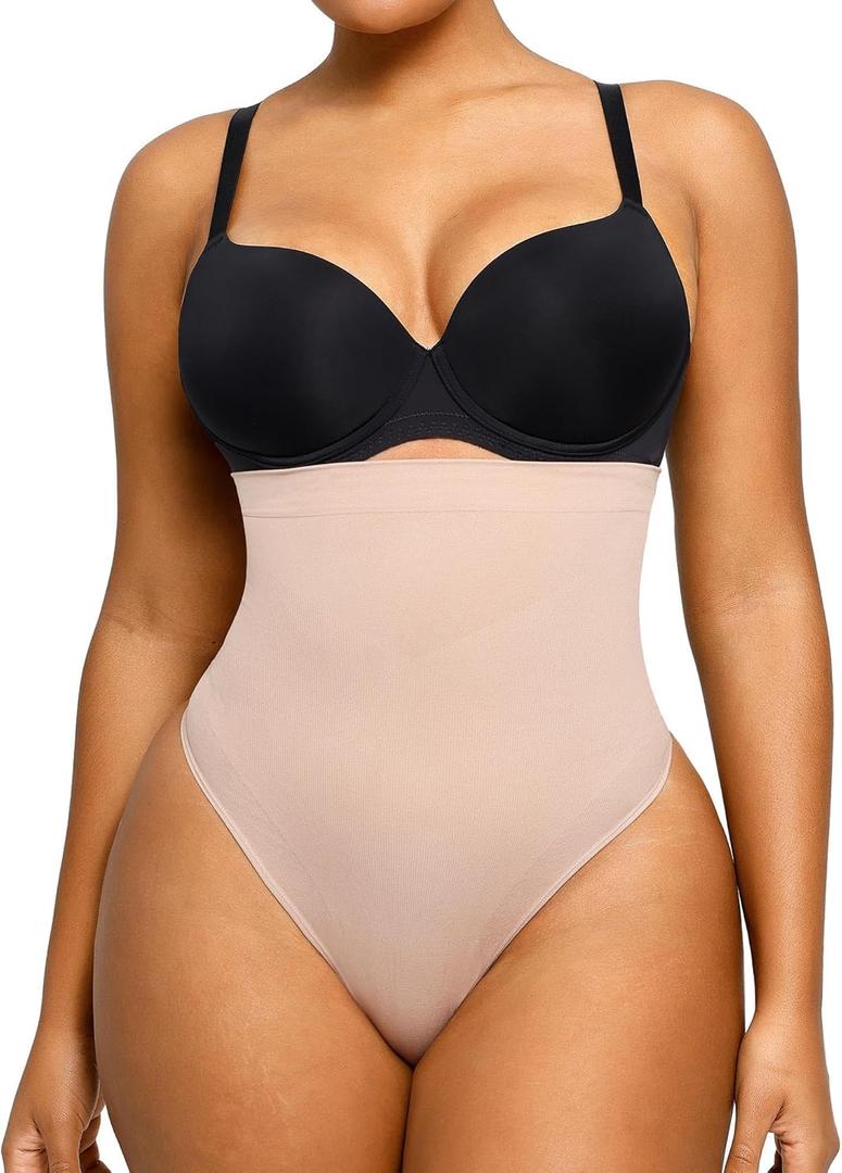 SHAPELLX Shapewear Tummy Control Seamless High Waisted Body Shaper Waist Slimming Thong Underwear Girdle Tummy Slimmer (01-skin-thong)