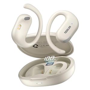 Open Ear Earbuds, 50H Open Ear Headphones Bluetooth 5.4, IPX6 Open Ear buds Wireless with Ear hook, Hi-res Stereo, AI Clear Call, Lightweight, Wireless Over Earbud for Workout, Gym, Running, Beige