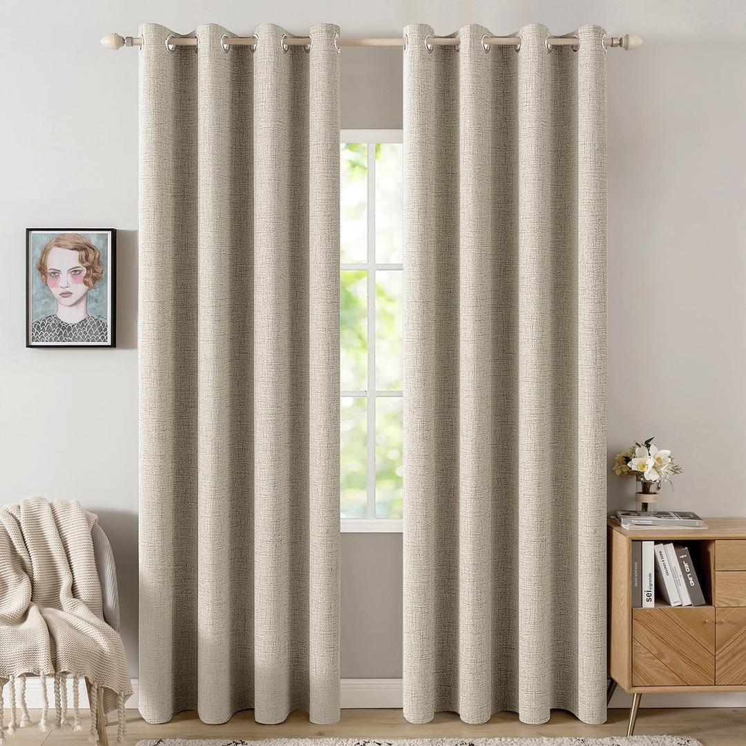 MIULEE 100% Blackout Linen Curtains for Bedroom Thermal Insulated Stone Grommet Room Darkening Curtains & Drapes Fall Decor for Living Room Nursery 52 x 84 Inch (2 Panels)