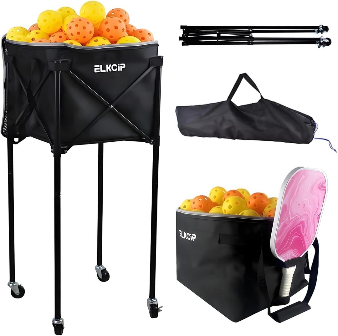 ELKCIP Portable Pickleball & Tennis Ball Hopper with Wheels, Foldable Sports Balls Teaching Cart, Lightweight Softball Caddy, Large Capacity Baseball Basket Carrier for Training, Large