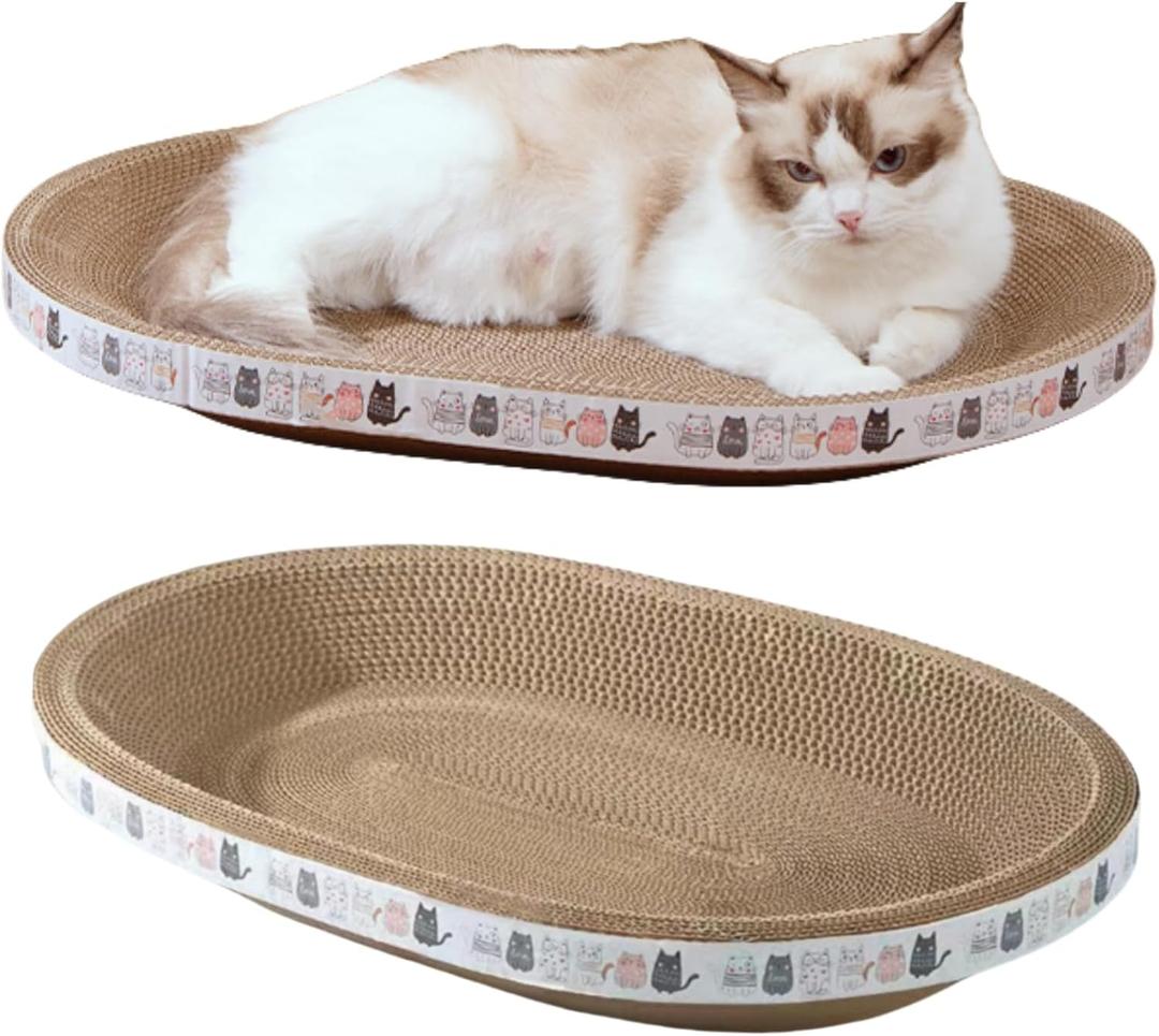 2 Pack Large Cat Scratcher Cardboard, Oval Indoor Cat Scratcher Bed Scratcher Pad Board Lounge Couch Cats Bowl Shaped Cat Scratching Post Nest for Cats Grinding Claw Furniture Protector (L(18.5"x12.6"x2.4"))