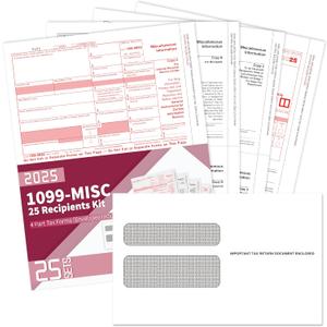 DuryMark 1099 Misc Tax Forms 2025 with Envelopes, 25 Vendor Kit for 4 Part Tax Forms, Compatible with QuickBooks and Accountings Software, 25 Self Seal Envelopes, Made in USA