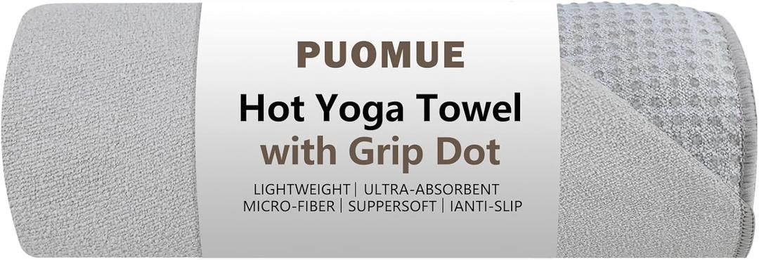 Puomue Hot Yoga Towel with Grip Dot, 72" x 24", Absorbent Microfiber Non Slip Yoga Mat Towel for Hot Yoga, Bikram, Pilates, Exercise and Fitness, Grey