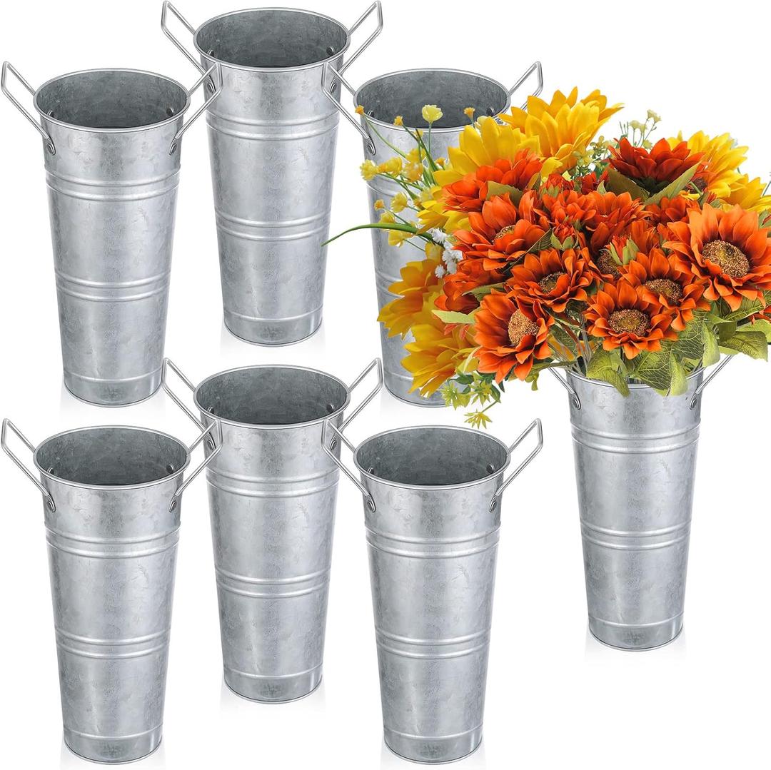 Chumia Flowers Buckets - 6 Pcs Galvanized Metal Vases DIY Bloom Bar Supplies Wedding Party Centerpiece Bridal Bouquet Pail with Handle Rustic French Tin Planter Floral Buckets(Silver,9 Inch) (Sliver)