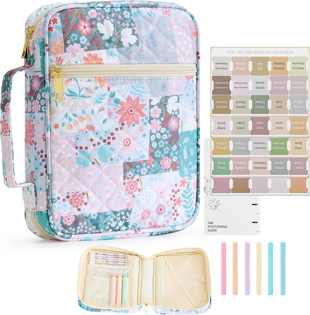 Oterri Bible Cover Case For Women, Large Bible Cover With Bible Study Supplies Accessories, Quilted Soft Bible Tote Bags Church, Classroom, Campus, Neighborhood Association (Flower Quilt, Large)