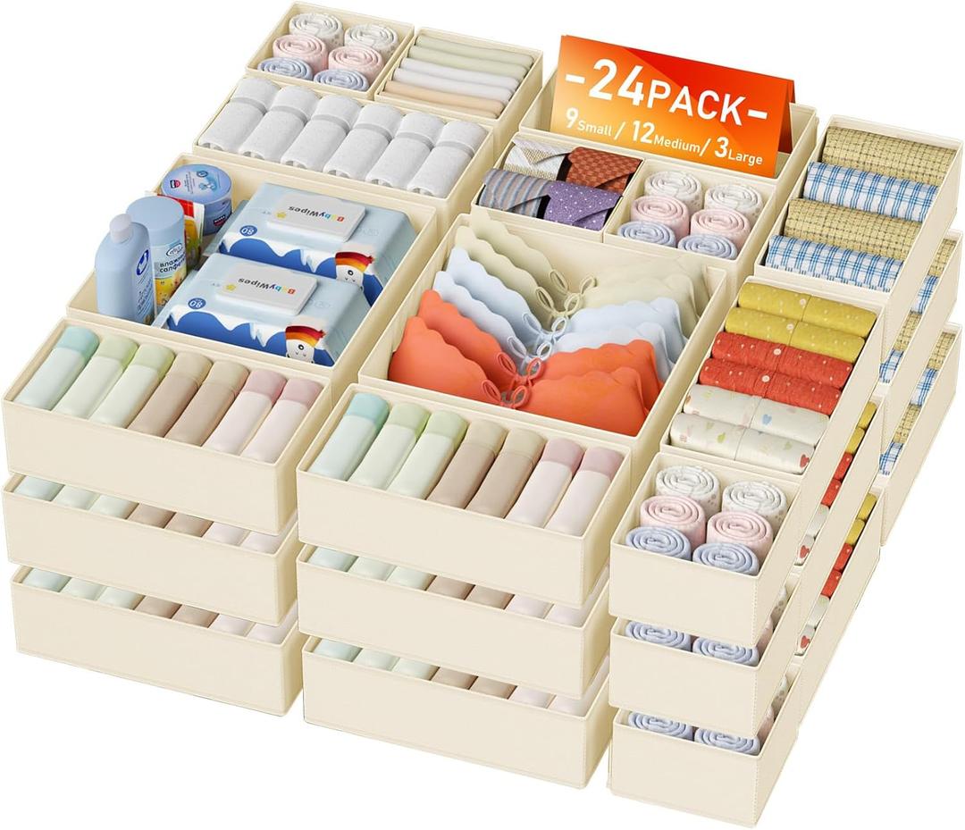 DIMJ Drawer Organizer Clothes 24 Pack - Foldable Baby Organizers and Storage Dresser Organizer for Bedroom, Closet Nursery Organization Dresser Dividers for underwear, Sock, Bra, Belt, Tie (Beige)