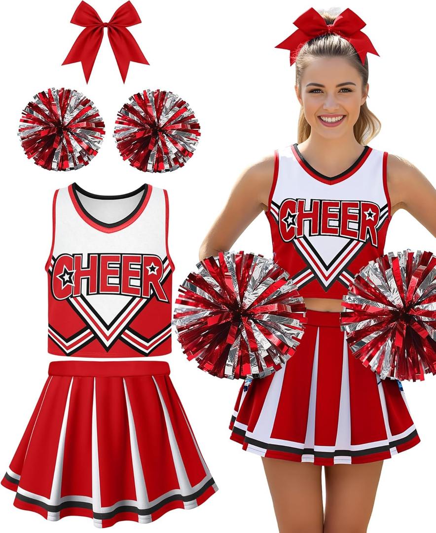 JenPen Women's Cheerleader Costume Halloween High School Cheerleading Outfit Musical Cheer Uniform Hair Bow Pom Pom (Large, Red)