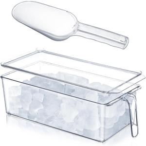 Havawish 2 Pcs Ice Storage Bin for Freezer with Lid and Flexible Scoop Set Plastic Ice Container with Lid Handle for Home Office Fridge Storage (12.4 x 5.91 x 3.94 Inches,Clear)