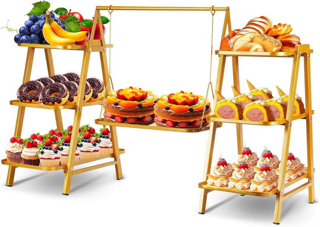Metal 3 Tier Cupcake Stands, Large Capacity Serving Removable Tray Dessert Stands with Swing Design and Anti-slip Base, Food Display for Parties and Events, Wedding, 32.28*15.55*20.47Inch (Gold)