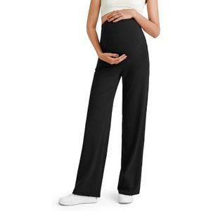 G4Free Women's Maternity BareFeel Wide Leg Yoga Pants (Medium Petite, Black)
