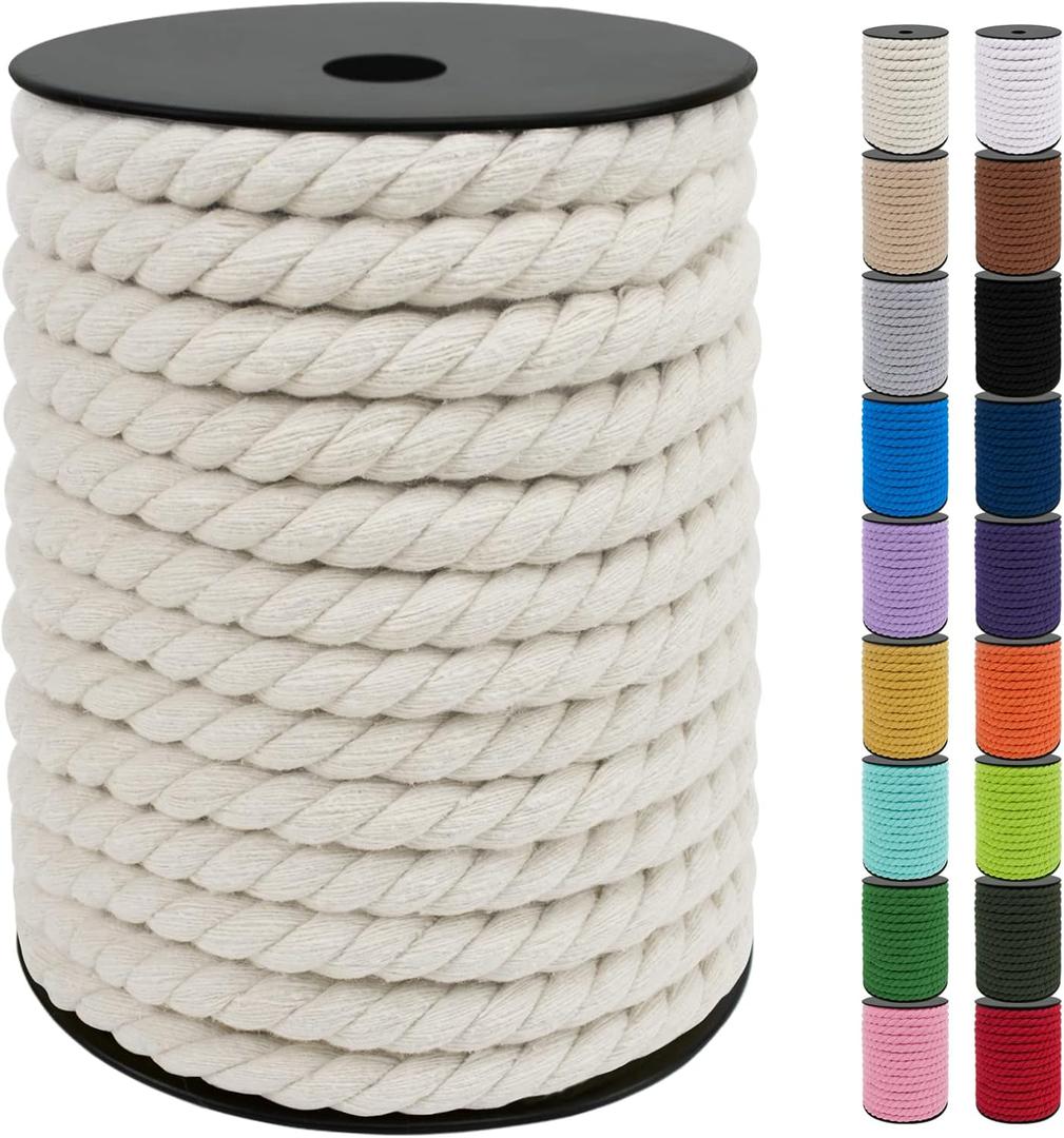 JeogYong 10mm Cotton Cord, 75 Feet Natural Macrame Rope Yarn, 3 Strand Twisted Cotton Cord, Macrame String for Crafts, Wall Hangings, Plant Hangers, Gift Wrapping, Decorations (Natural)