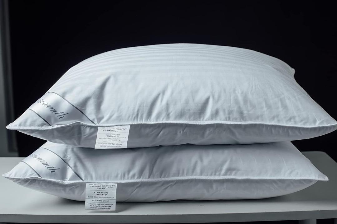 Goose Feather Blend with Polyester Bed Pillows 100% Cotton, Medium Firm Soft Support Standard Pack of 2 Stripe White