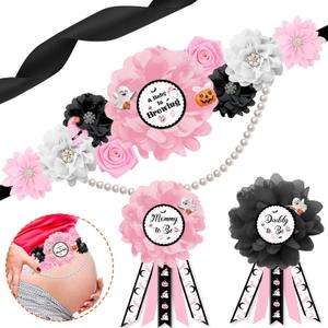 Pink Black Halloween Baby Shower Maternity Sash and Corsage Pin Set, A Baby is Brewing Belly Belt, Mom to Be & Dad to Be Corsage, Pregnancy Gender Reveal Party Photo Props Gift for New Parents