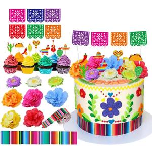 DiDida Mexican Fiesta Cake Topper Mini Mexican Papel Picado Banner Mexican Serape Ribbon and Flower for Mexican Themed Party Decorations