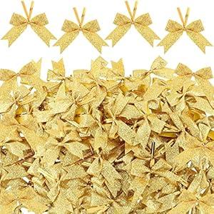 Xinnun 100 Pieces 2 Inch Christmas Ribbon Bows Glitter Twist Tie Pretied Mini Shiny Christmas DIY Polyester Craft Bows for Sewing Appliques Scrapbooking Wedding Gift(Gold)