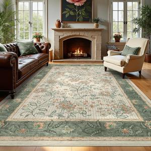 GarveeHome Area Rugs 8x10 for Living Room, Sage Green Botanical Floral Print Washable Rug Soft Non Slip Floor Mat Carpet Indoor Thin Cottage core Rug for Bedroom Dining Room Playroom Nursery Room