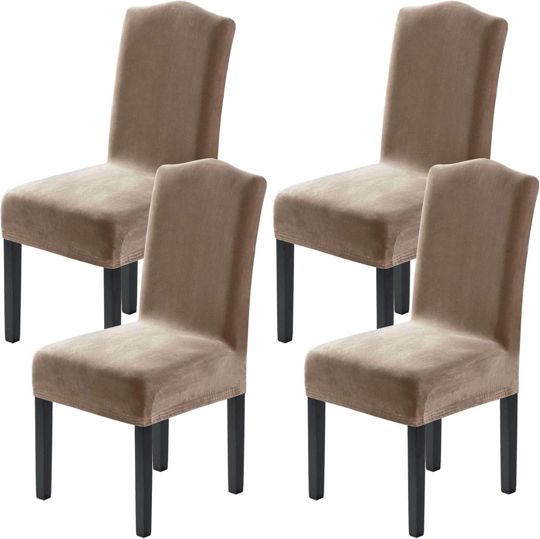 H.VERSAILTEX Dining Chair Covers Stretch for Dining Room Set of 4 Parson Chair Slipcovers Protectors, Soft Thick Solid Velvet Fabric Washable, Taupe