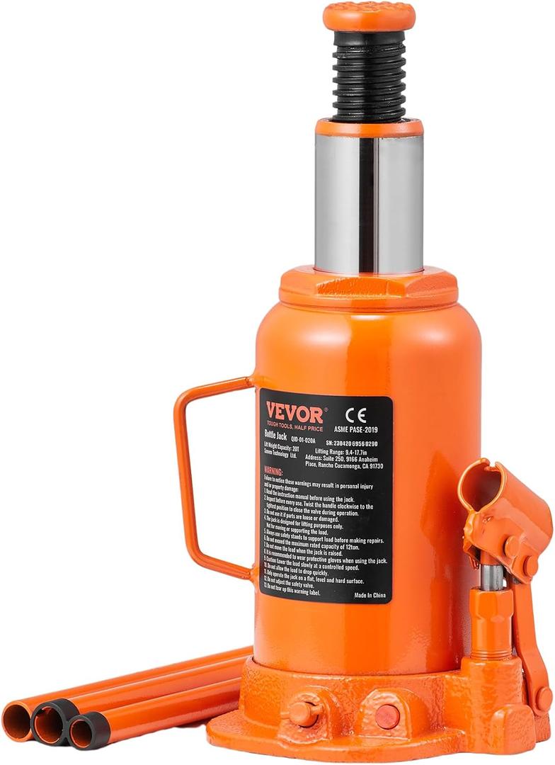 VEVOR Hydraulic Bottle Jack, 20 Ton/44092 LBS All Welded Bottle Jack, 7.5-14 inch Lifting Range, with 3-Section Long Handle, for Pickup Truck, Truck, Car, RV, Auto Repair, Industrial Engineering