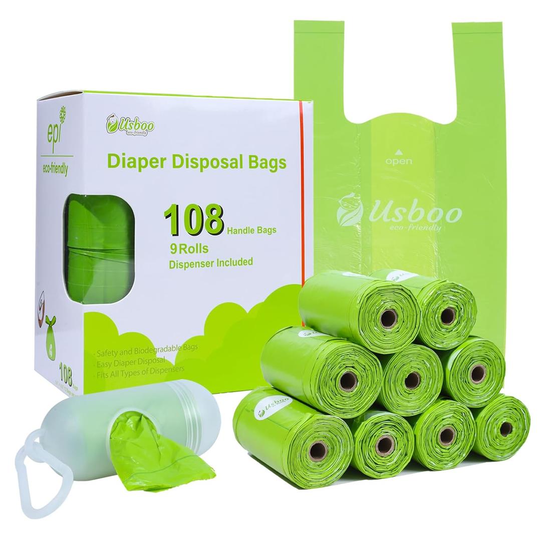 Disposable Diaper Bags for Baby, 9 Refill Rolls/108 BagsOXO-Biodegradable Diaper Sacks with Dispenser,Easy-Tie Handles,Large Dirty Diaper Disposal or Pet Waste Bags