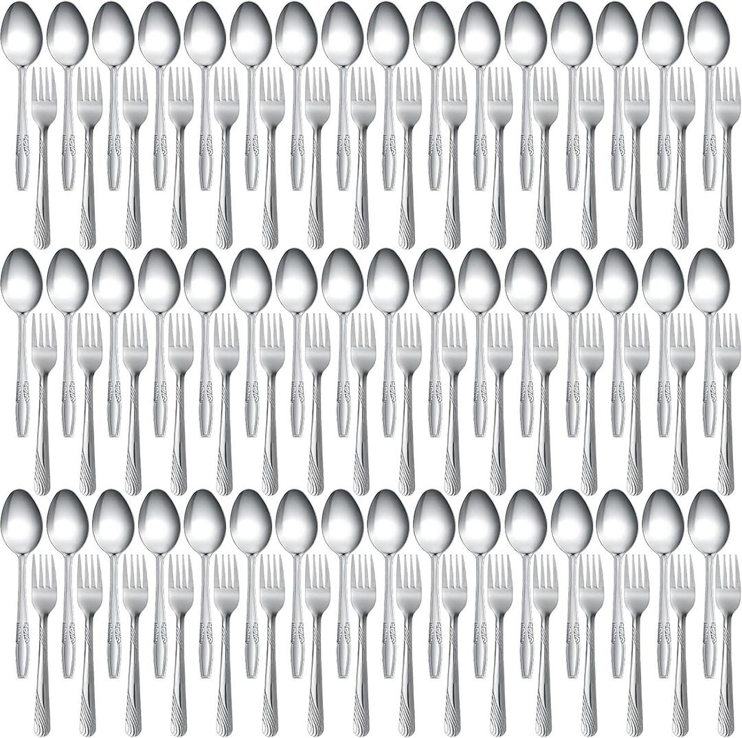 100 Pieces Forks and Spoons Silverware Set Stainless Steel Flatware Cutlery Set Dinner Forks and Spoons Mirror Polished Dishwasher Safe Utensil for Kitchen Restaurant or Home