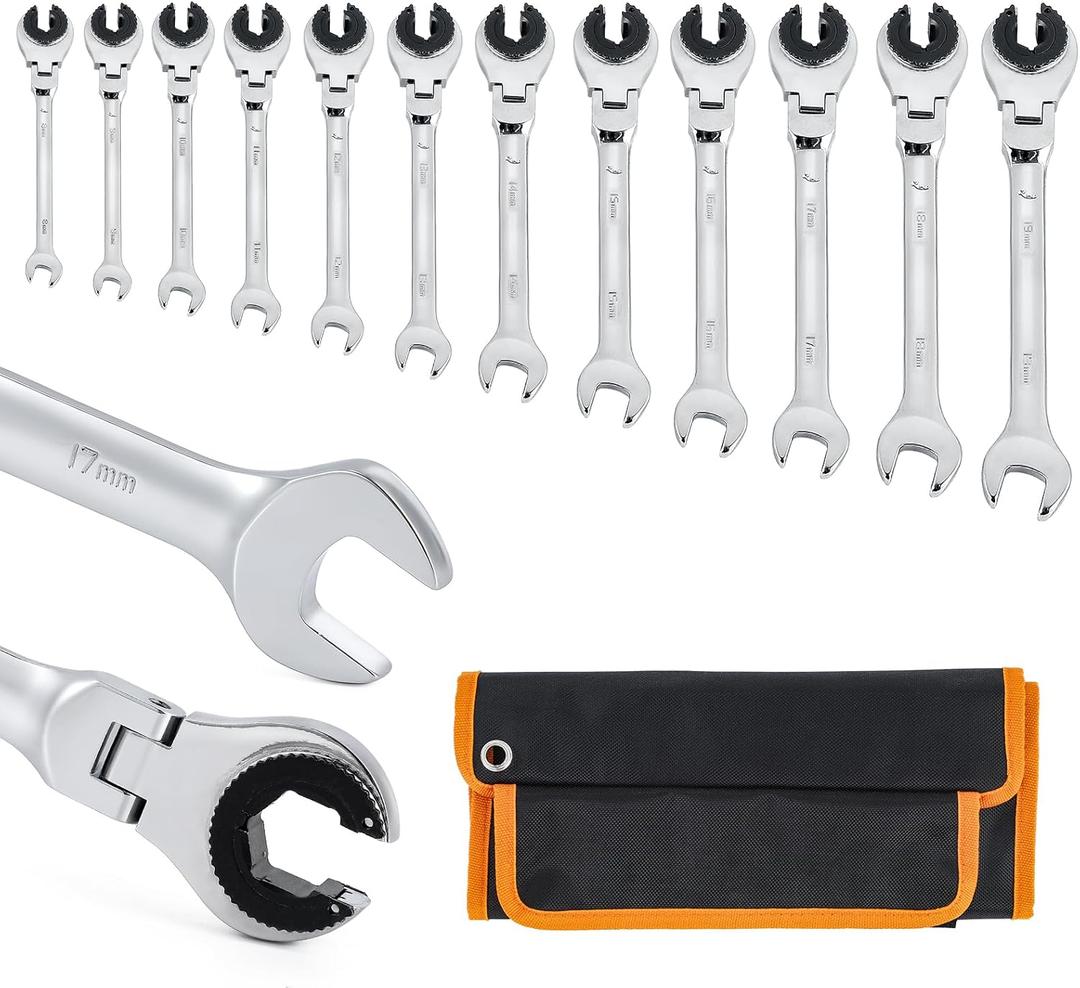 Bonvoisin 8-19mm Ratcheting Wrench Set with Open Flex-head 12 Pcs Metric Ratcheting Tubing Wrench Set CR-V Steel, 72-Teeth Gears, with Carrying Case, Gift for Husband and Man