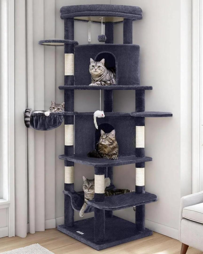 Globlazer Corner Cat Tree for Large Cats, 66inch Tall Curved Series Large Cat Tower for Multiple Indoor Cats with 6 Scratching Posts, 2 Spacious Cat Condos, Hammock, Hanging Basket, C66, Dark Grey