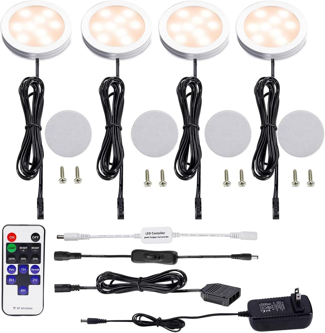 AIBOO LED Under Cabinet Lighting Kit 4 Packs 12V Low Profile Puck Lights with Dimmable Wireless RF Remote for Kitchen, Counter, Safe Lighting(Warm White)