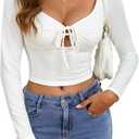 SHENHE Women's Y2K Square Neck Long Sleeve Slim Fit Adjustable Tie Front Cutout Crop Top (White, M)