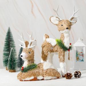 Large Set of 2 Sisal Reindeer Christmas Decor 17inch Christmas Deer Figurines Woodland Christmas Ornaments Decor Indoor Christmas Centerpiece Table Mantel Shelf Decorations