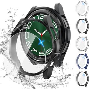 Tensea [5+5Pack for Samsung Galaxy Watch 6 Classic Screen Protector Case 47mm, Hard PC Bumper/HD Anti-Fog Tempered Glass Protective Film, Face Cover Set, Galaxy Watch 6 Classic Case for Women Men (Clear/Black/Black/Silver/Blue)