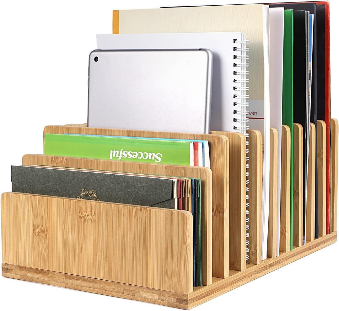 Bamboo Desk Shelf Mail Organizer,Wood 10 Slots Desk Organizers and Accessories for Document Book Mail Paper Bill Filing Tray Organizer, Office Organization File Binder Folder Holder Sorter for Desk