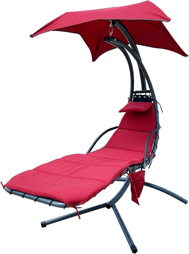 Hanging Curved Chaise Lounge Chair Swing w/Built-in Cushion, Pillow, Canopy, Stand and Storage Pouch, Removable Patio Swing Lounge Chair Canopy Hammock for Outdoor Indoor, Burgundy 