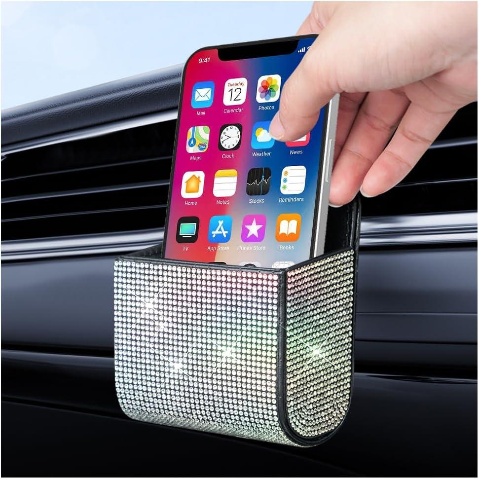 Car Vent Storage Organizer, Bling Car Accessories for Women or Man, Rhinestone Car Vent Leather Pocket, Multipurpose Car Storage/Car Sunglass Holder/Car Coin Holder for Car (Colorful)