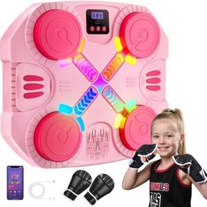 Music Boxing Machine for Kids, Wall-Mounted Bluetooth Punching Toy with Lights & Sound, Boxing Mchine with Gloves, Gift for Boys & Girls Ages 3 4 5 6 7 8 9 10 11 12+ Years Old (Pink)