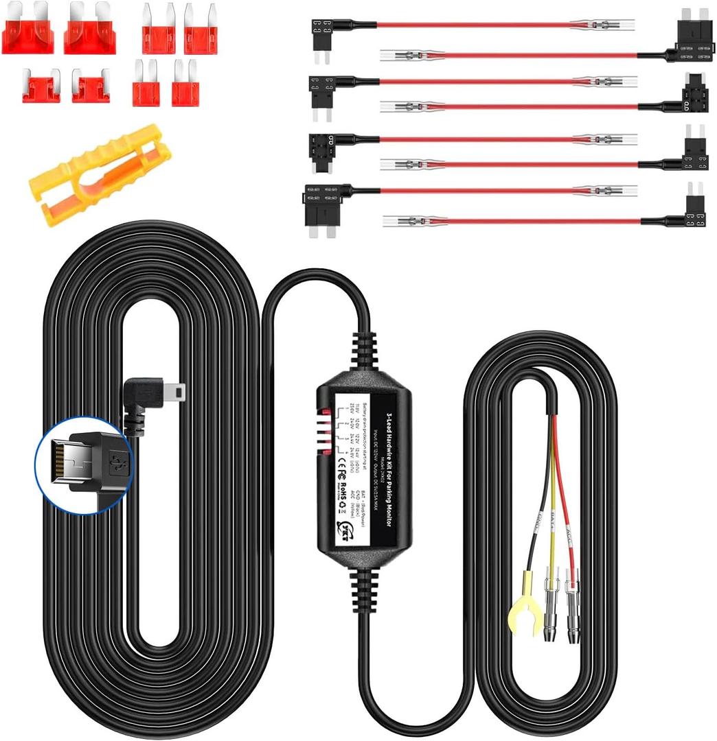 YKT Dash Cam Hardwire Kit Mini USB, 12ft with Fuse Kit Acc Hardwire Kit for Dash Camera, 24H Parking Monitor, Converts 12V-24V to Output 5V/2.5A Max, Low Voltage Protection (Fit for All Dash Cam)