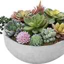MyGift 8 Inch Round Modern Artificial Succulent Arrangement Potted in Gray Concrete Plant Bowl, Assorted Faux Mini Succulents in a Decorative Planter Pot
