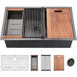 ALWEN 32 Inch Gunmetal Black Undermount Kitchen Sink, 16 Gauge Stainless Steel Scracth Resistant Ledge Workstation Modern Kitchen Sink with Combo Accessories, 32"x19"x10"
