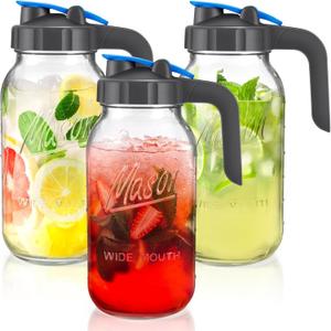 3 Pack 64oz Glass Mason Jar Pitchers with Airtight Lids - Sun Tea & Cold Brew Pitchers, Ideal for Lemonade, Coffee, Flavored Water