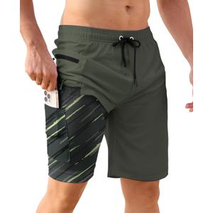 APTRO 2 in 1 Men's Swim Trunks 9" with Zipper Pockets Bathing Suit Built-in Board Shorts Swimwear Long Shorts (Green, XXXL)