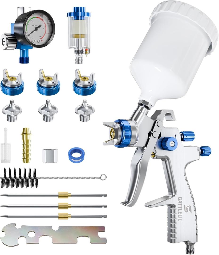 LVLP Air Spray Gun Premium Kit with 1.3/1.5/1.7mm Nozzle & Air Regulator,Automotive Paint Sprayer, for Cars & House DIY Painting Gun (Silver)